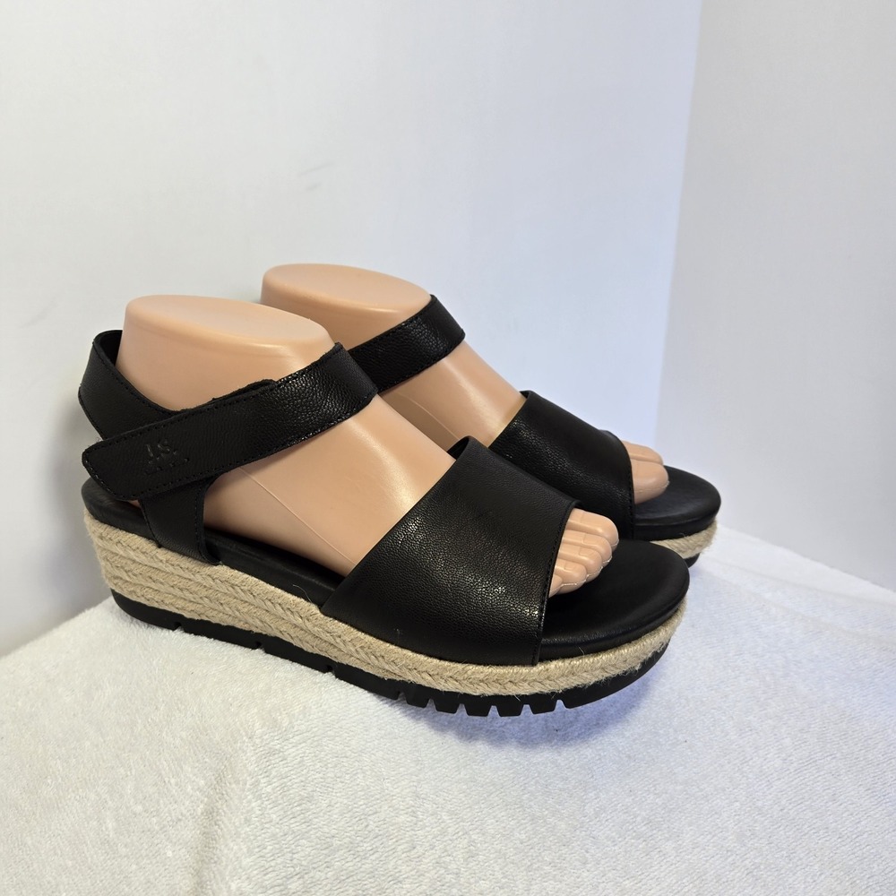 Josef Seibel Miranda Women's Sz 40 Black Leather Wedge Espadrille Sandal Strappy